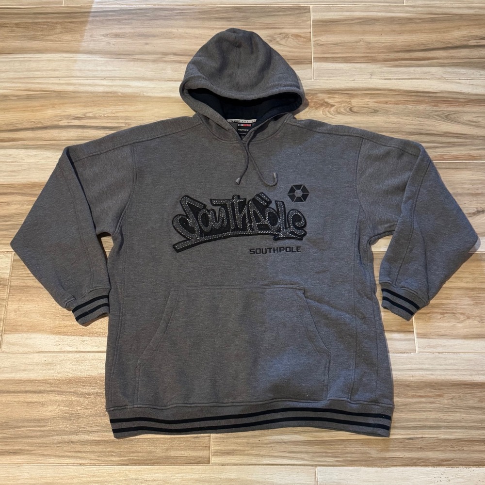 Vintage 90s Southpole Baggy Gray‎ Hoodie Embroidered Graffiti Spellout XL Y2K